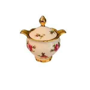 Bareuther Waldsassen Bavaria Pink Rose Porcelain Sugar Bowl w/ Gold Trim Handles